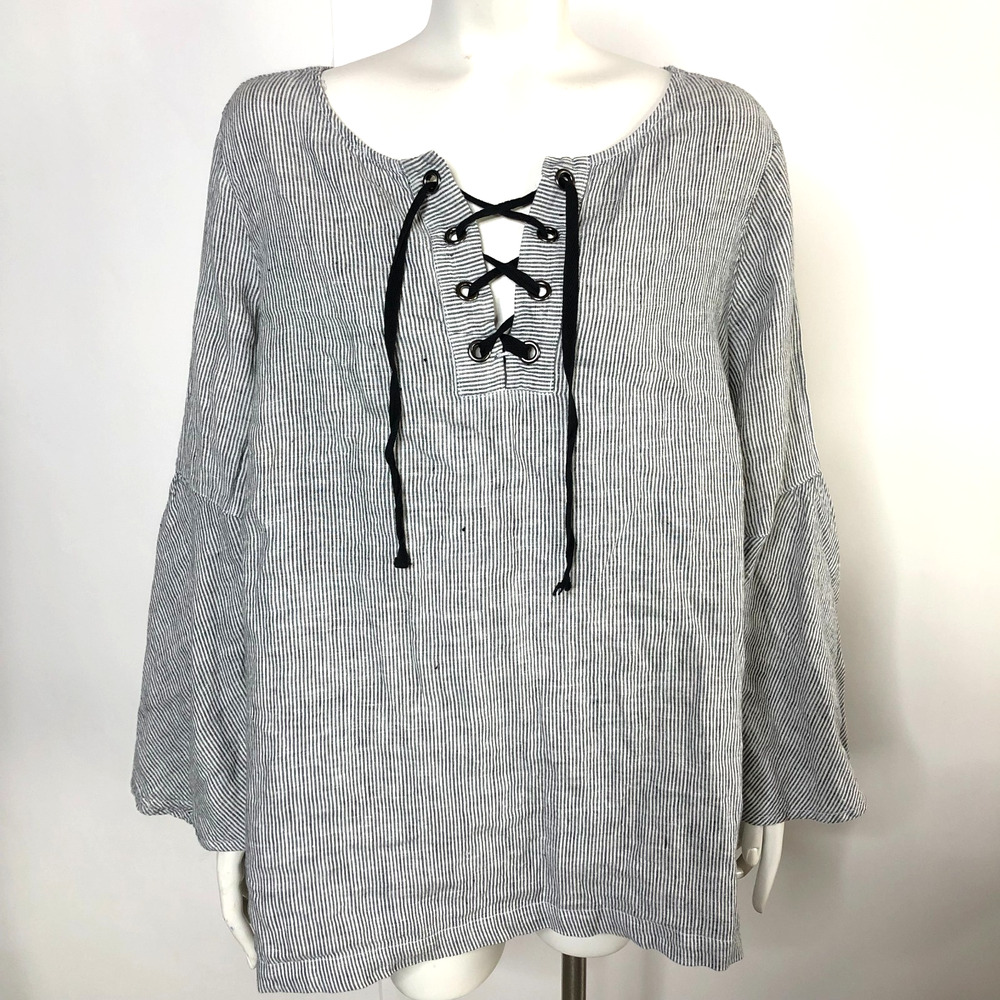 Tahari Plus 1X 100% Linen Bell Sleeve Striped Pullover Top Blouse Black White